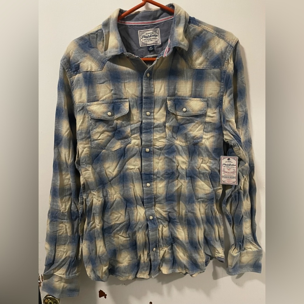 Flag & Anthem Mens Western Shirt Plaid Snap Button Up Size Medium Light Tan Blue